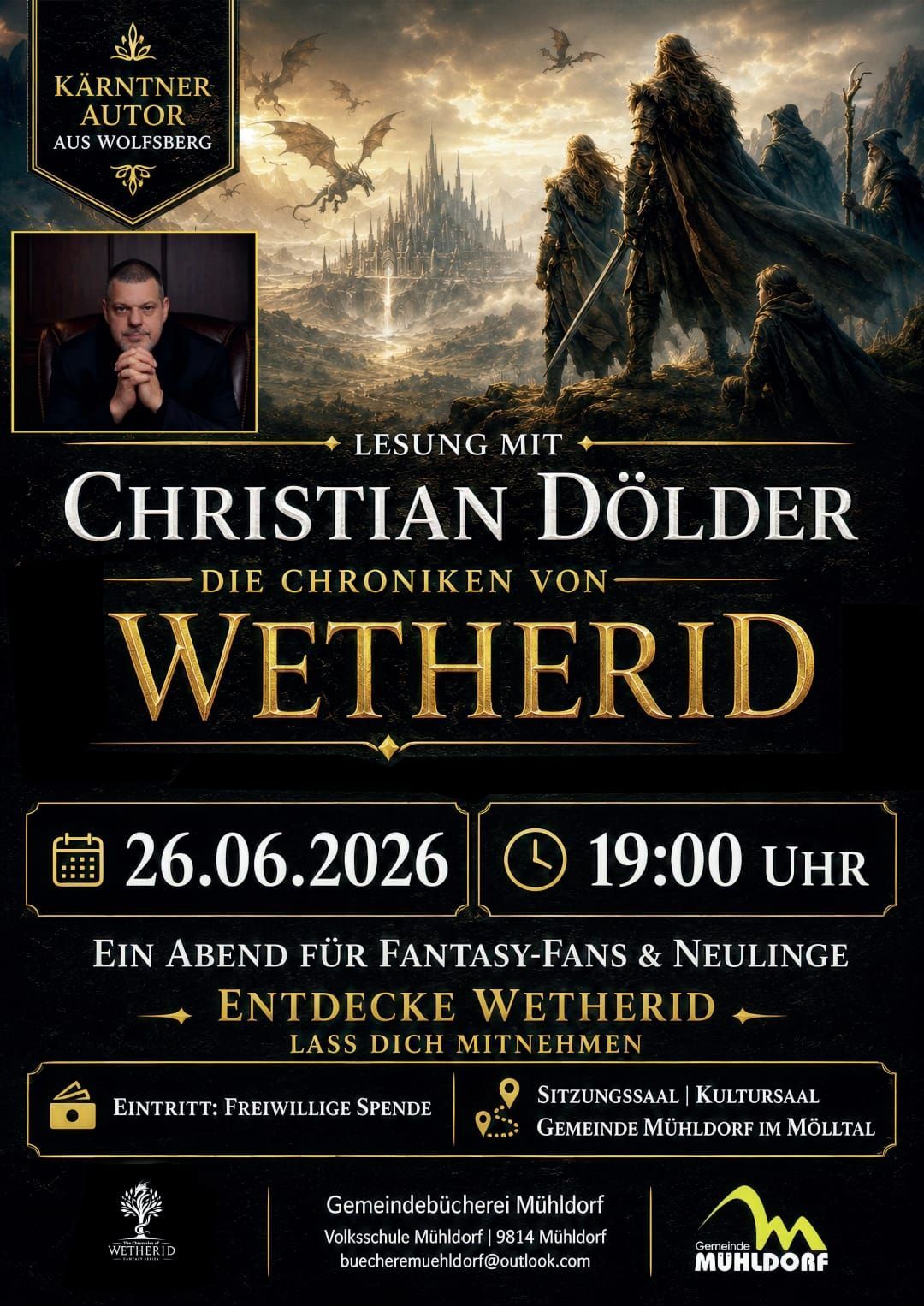 Plakat für Christian Dolder liest die Chroniken von Wetherid. Datum: 26.06.2026. Zeit: 19:00 Uhr. Für Fantasy-Fans und Neulinge.