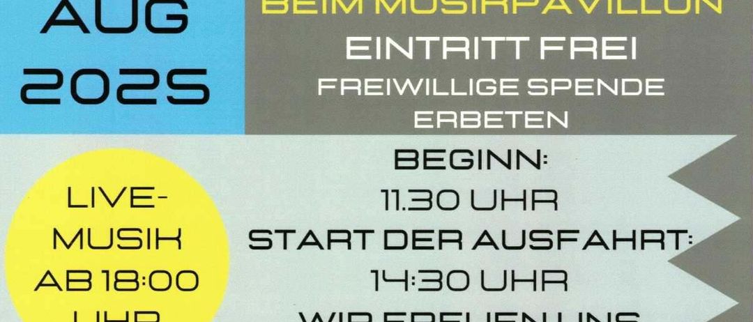 Plakat für das Sommerfest 2025 in St. Gilgen, freier Eintritt, Beginn um 11:30 Uhr, Live-Musik ab 18:00 Uhr und Motorradausfahrt startet um 14:30 Uhr. Mit Logos von OK Möbel, MELI die Gentlemen und Ing. Zopf.