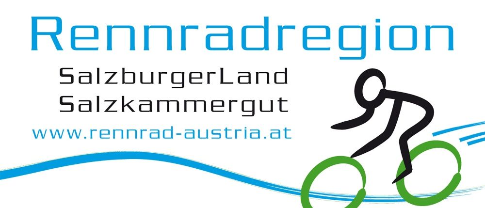 Rennradregio Logo für Salzburger Land Salzkammergut mit einem Radfahrer und Website-URL.
