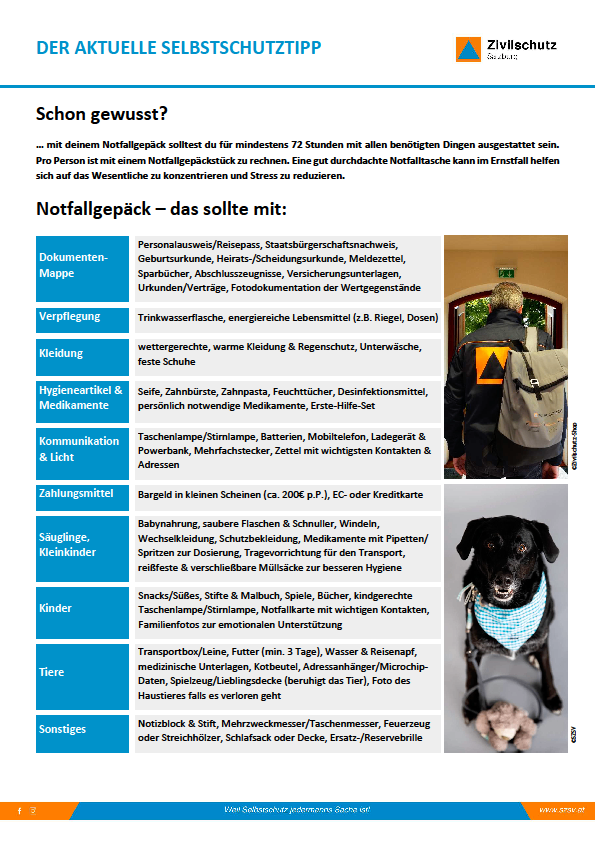 Ein Infografik listet Gegenstände für einen Notfallrucksack auf, unterteilt in Kategorien wie Dokumente, Kleidung, Hygieneartikel und Kommunikation. Es zeigt einen Erwachsenen mit Rucksack und einen Hund mit Bandana. Die Gegenstände umfassen Ausweis, persönliche Dokumente, Kleidung, Hygieneprodukte, Kommunikationsmittel und Tierzubehör. Das Infografik trägt den Titel 'Der Artuelle Selbstschutztipp'.