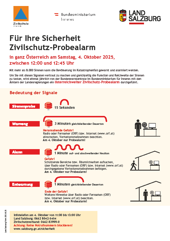 Am Samstag, 4. Oktober 2025, zwischen 12:00 und 12:45 Uhr, ist in ganz Österreich ein Zivilschutz-Probealarm geplant. Über 8.000 Sirenen werden die Bevölkerung im Katastrophenfall warnen und alarmieren. Um das Vertrauen in diese Signale zu gewährleisten, wird die Funktion und Reichweite der Sirenen jährlich vom Bundesministerium des Innern getestet. Der österreichweite Zivilschutz-Probealarm wird mit den Behörden der Bundesländer durchgeführt.