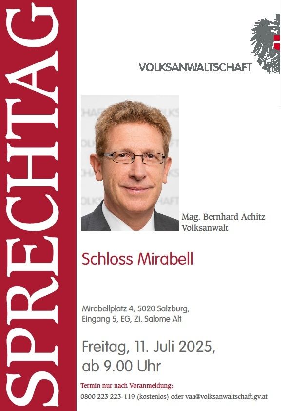 Das Bild zeigt eine Einladung für eine Veranstaltung mit dem Titel 'Sprache' im Schloss Mirabell. Es enthält ein Foto eines Mannes, Bernhard Achitz, sowie Datum und Ort der Veranstaltung. Die Veranstaltung ist für Freitag, den 11. Juli 2025, ab 9:00 Uhr angesetzt.