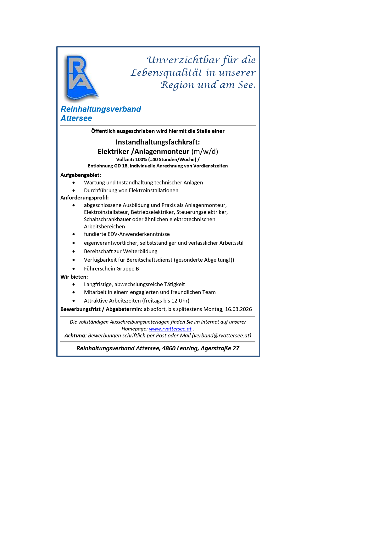 Ein Bild einer Stellenanzeige für eine Position als Elektroinstallateur. Es wird eine Stelle als Elektriker/Anlagenmonteur für Region und am See angeboten, Vollzeit. Voraussetzungen sind abgeschlossene Ausbildung, Erfahrung und Kenntnisse in Elektroinstallationen. Vorteile beinhalten attraktive Arbeitszeiten und ein teamorientiertes Arbeitsumfeld. Bewerbungsfrist ist der 16.03.2026.