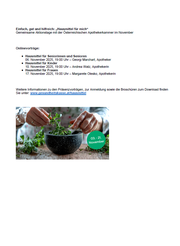 A flyer advertises 'Hausmittel fur mich' online lectures in November. Topics include home remedies for seniors, children, and women. Dates and speakers are listed. More info is available at www.gesundheitskasse.at/hausmittel.