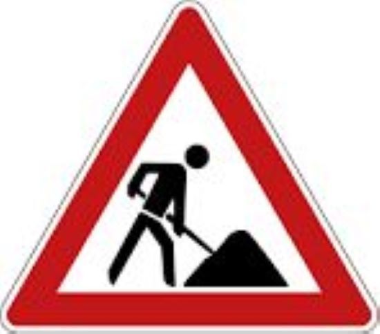 Ein dreieckiges Warnschild mit einem grabenden Mann in Rot- und Weißtönen.