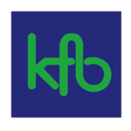 Ein blauer quadratischer Hintergrund mit einem grünen Logo, das 'kfb' in einer schrägen, stilisierten Schrift schreibt.