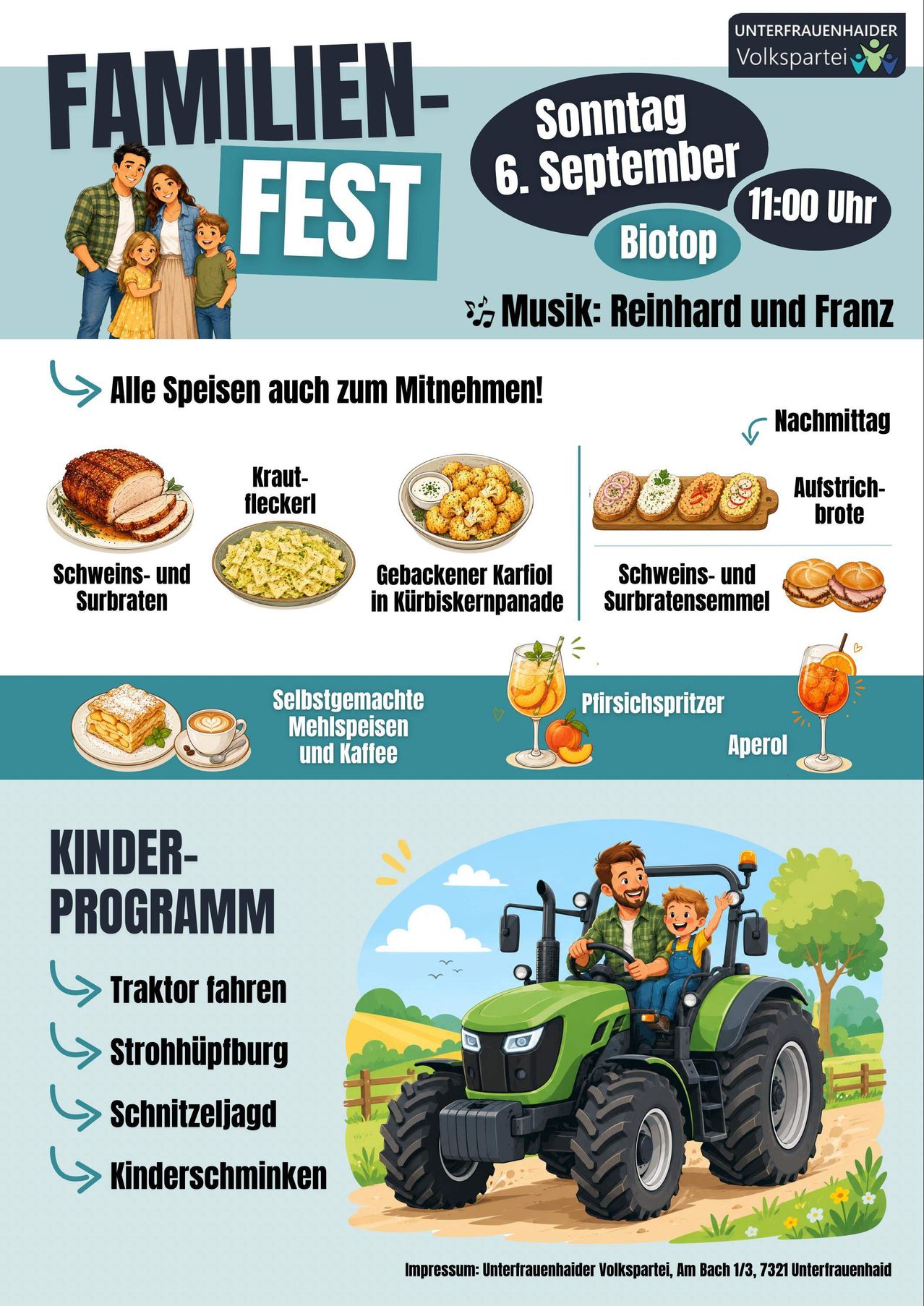Ein Veranstaltungsposter mit einer Familie, Essensangeboten und einem Traktor-Fahrprogramm für Kinder. Die Veranstaltung beinhaltet Musik von Reinhard und Franz, verschiedene Gerichte und Getränke wie Aperol Spritzer. Das Poster ist farbenfroh und informativ.