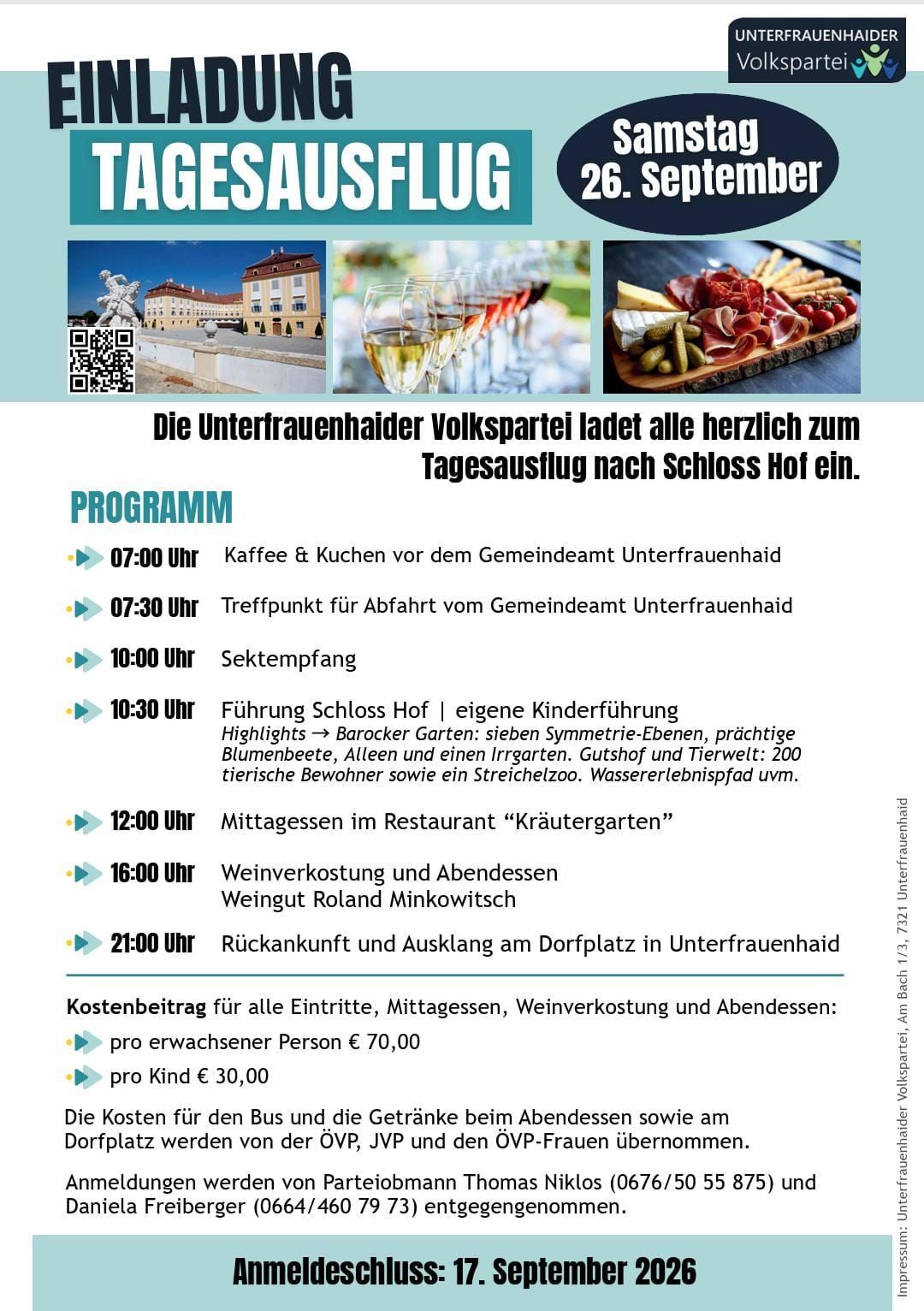 Plakat für einen Tagesausflug nach Schloss Hof, mit einem Zeitplan für Aktivitäten wie Kaffee, Führungen, Weinverkostung und Mahlzeiten. Die Veranstaltung wird von der Unterfrauenhaider Volkspartei organisiert.