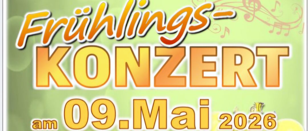 Plakat für Ruhlings Konzert am 9. Mai 2020, mit herzlicher Einladung zu einem traditionellen Konzert, musikalische Noten im Hintergrund.