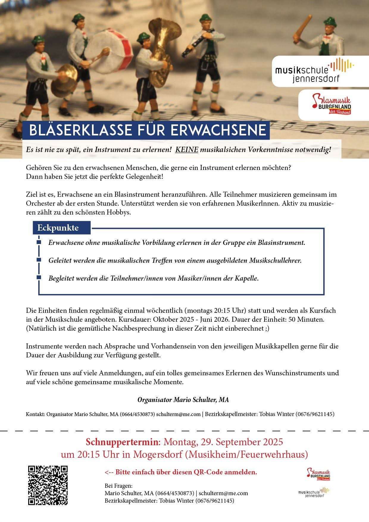 Eine Anzeige für einen Blasinstrumentenkurs für Erwachsene. Es heißt, dass es nie zu spät ist, ein Instrument zu lernen, und keine musikalischen Vorkenntnisse erforderlich sind. Der Kurs findet wöchentlich statt und wird von einem professionellen Musiker geleitet. Instrumente werden zur Verfügung gestellt. Organisator Mario Schuller. Kontakt: schlutterm@com. Schnuppertermin: Montag, 29. September 2025.