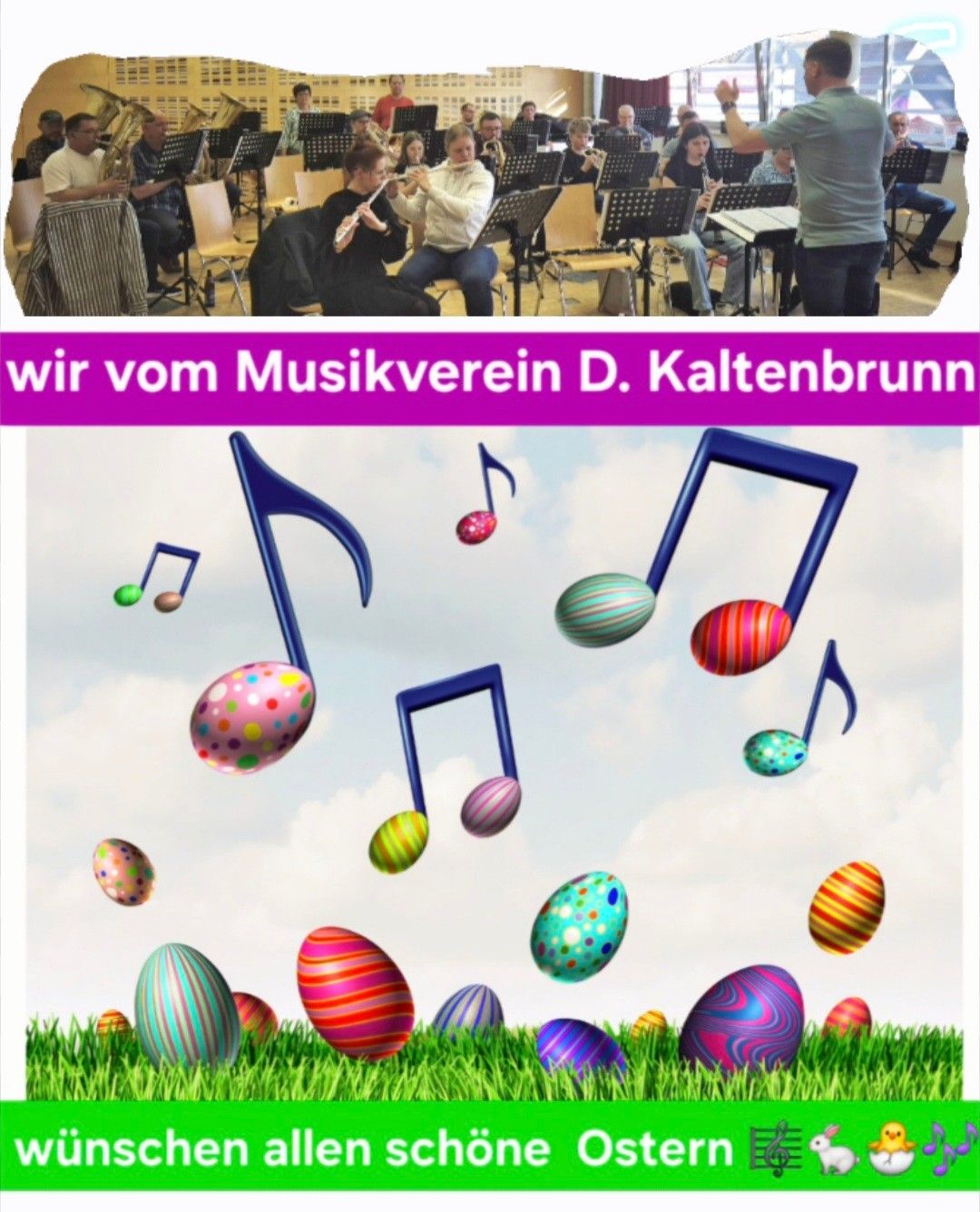 Werbeposter für ein musikalisches Event mit Musikern, die verschiedene Instrumente spielen. Bunte Musiknoten und Ostereier sind im Vordergrund. Der Text lautet 'wir vom Musikverein D. Kaltenbrunn'.