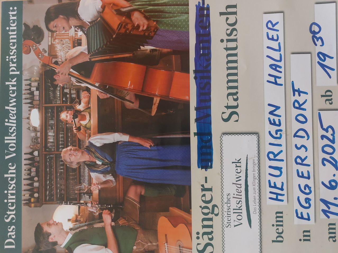 Ein Plakat mit einer Gruppe von Musikern in traditioneller Kleidung, die in einer festlichen Umgebung auftreten. Das Plakat enthält Text auf Deutsch, mit dem Gruppennamen 'Stammtisch' und einer Veranstaltungsbeschreibung.