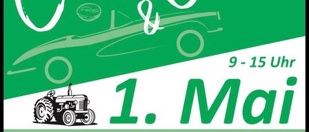 Grünes Plakat für die Cars & Coffee-Veranstaltung am 1. Mai in Gleisdorf, mit einem Auto, einem Traktor und Kaffeebohnen. Zeit: 9 bis 15 Uhr.