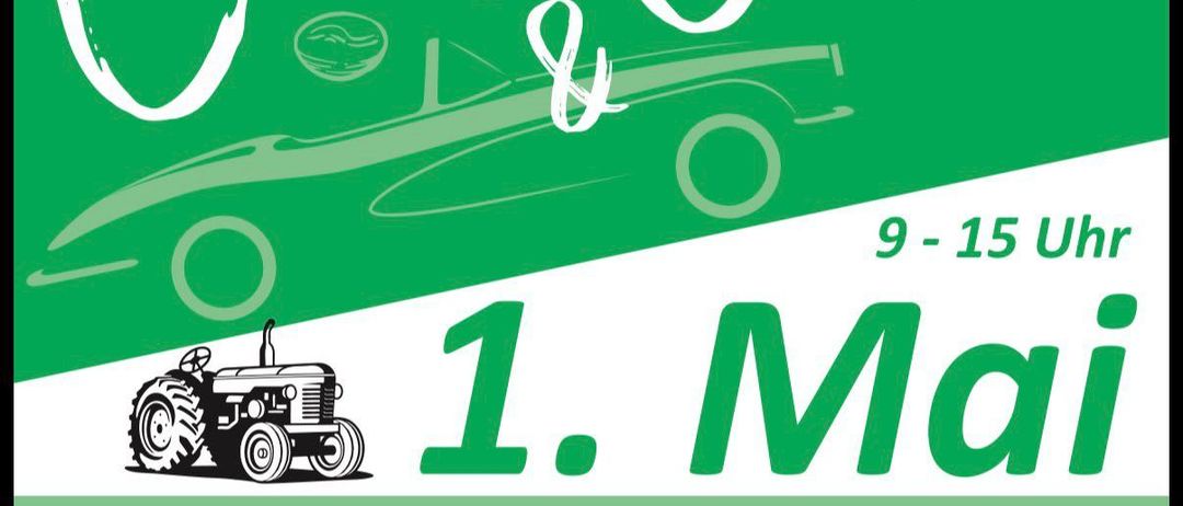 Grünes Plakat für die Cars & Coffee-Veranstaltung am 1. Mai in Gleisdorf, mit einem Auto, einem Traktor und Kaffeebohnen. Zeit: 9 bis 15 Uhr.
