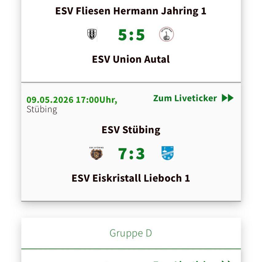 Match between ESV Fliesen Hermann Jahring 1 and ESV Union Autal ended in a 5-5 draw. Next match on May 9, 2026 at 5:00 PM. ESV Stübig defeated ESV Eiskristall Lieboch 1 with a score of 7-3. Group D.
