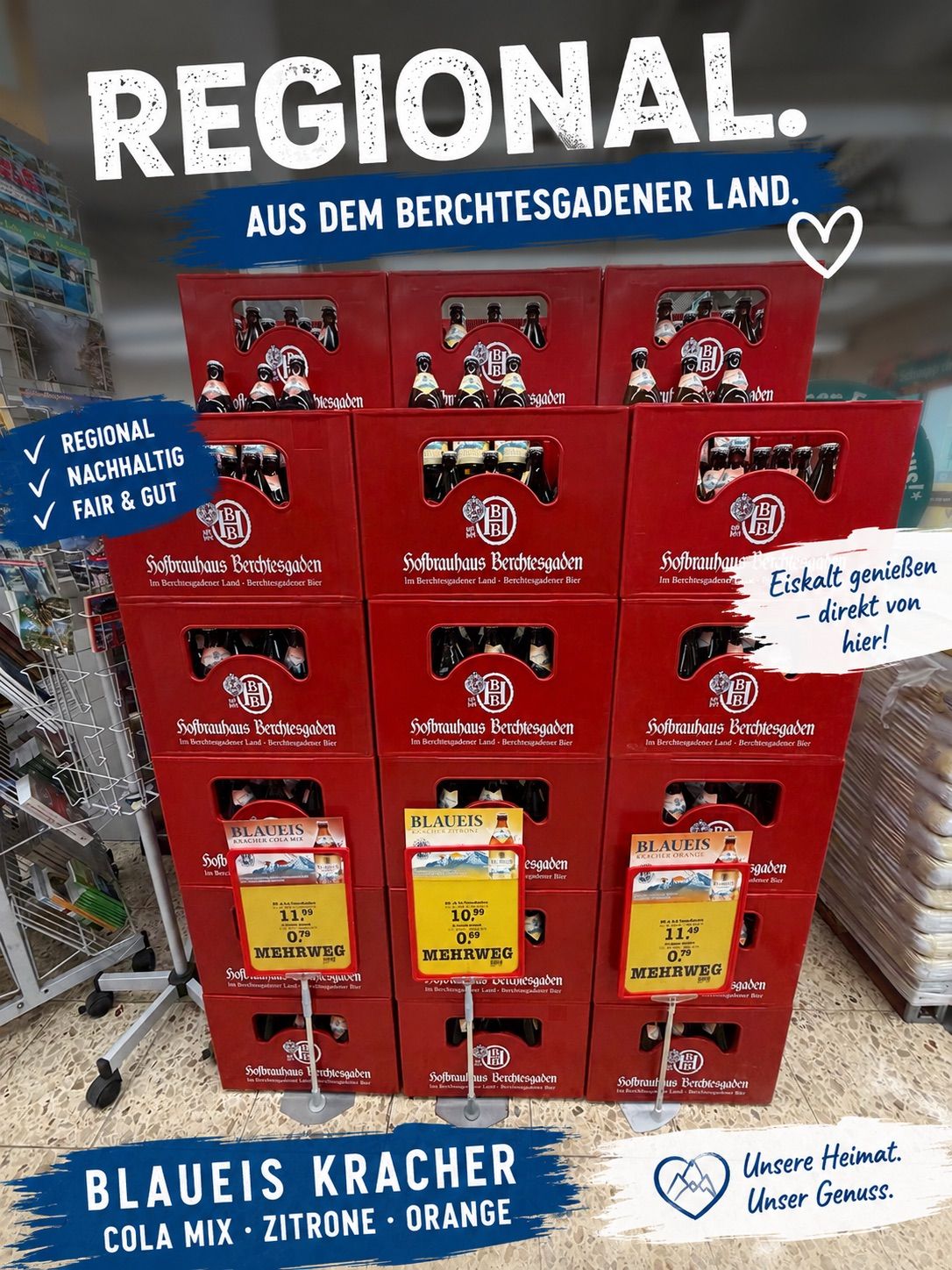 A display of red crates of beer labeled 'Blaueis' with price tags indicating a discount. The crates are stacked in a supermarket aisle. The background features a blue banner with text in German.