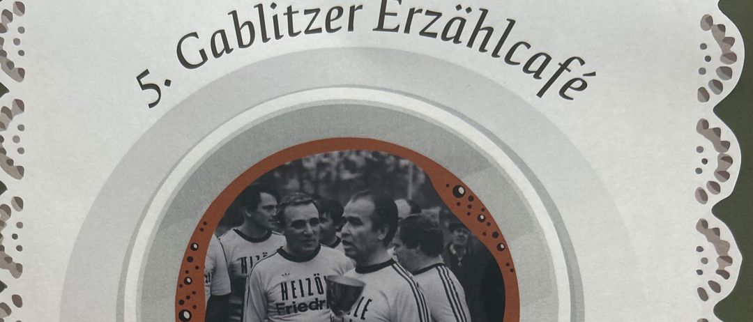 Poster for the 5th Gablitzer Erzahlcafe. It features an image of athletes and text for the event date and time.