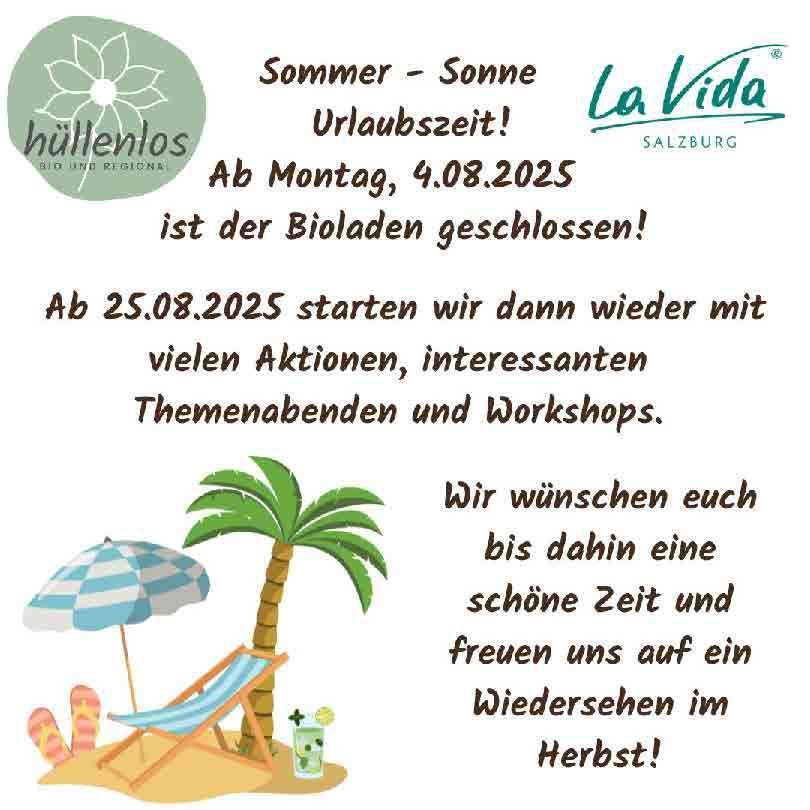 Postkarte mit einer tropischen Strandszene und Palme. Geschlossen bis 25.08.2025, mit Liegestuhl, Schirm und Getränk. Der Text kündigt den Sommerurlaub an und lädt alle zum Wiedersehen ein.