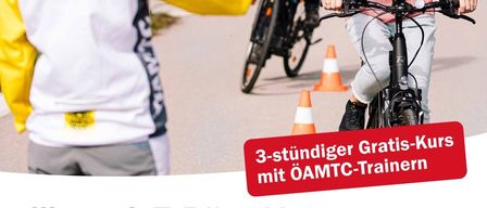 Three women ride bicycles on a road, wearing helmets. The poster reads 'OAMTC E-Bike Kurs' with '3-hour free course with OAMTC trainers' in the middle. The bottom has details about the event.