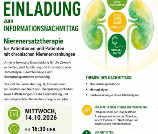 Ein Plakat für eine Informationsveranstaltung über Nierenersatztherapien, einschließlich Hämodialyse, Peritonealdialyse und Nierentransplantation. Das Plakat ist grün und weiß mit einer Nierenillustration und Text auf Deutsch.