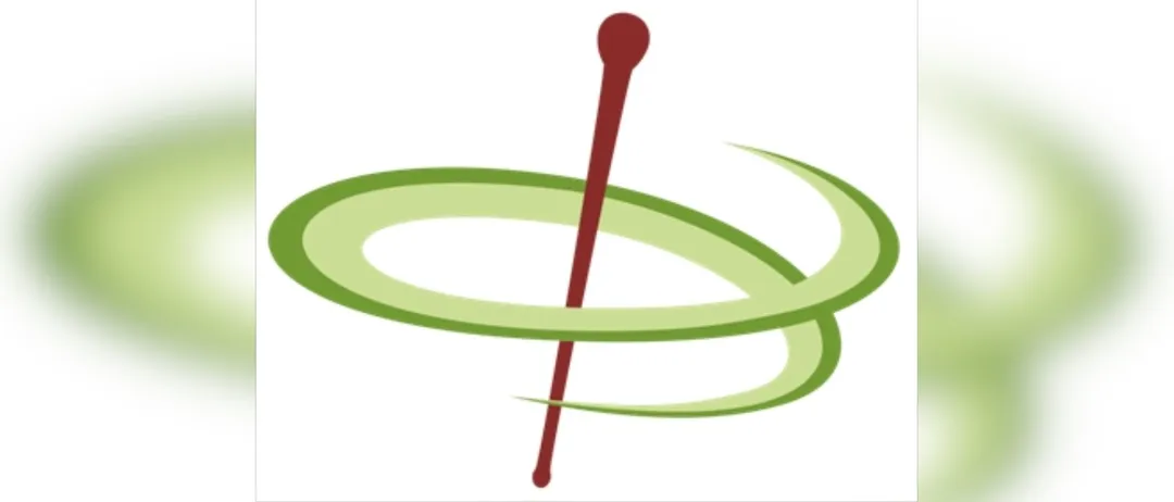 Ein Logo mit einer roten Nadel in der Mitte eines grünen Kreises, umgeben von einem Spiralmuster.