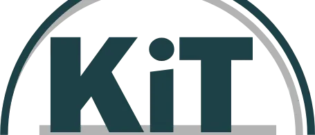 Das Bild zeigt das Wort 'KIT' in einer fetten, serifenlosen Schrift, mit einem Punkt in der Mitte des Buchstabens 'I'. Die Buchstaben sind in einer kreisförmigen Form mit einem weißen Rand angeordnet.