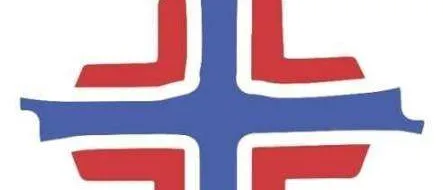 Ein blaues und rotes Kreuz mit weißem Hintergrund. Das Kreuz hat ein modernes, stilisiertes Design mit scharfen Kanten und einem kräftigen Farbschema.