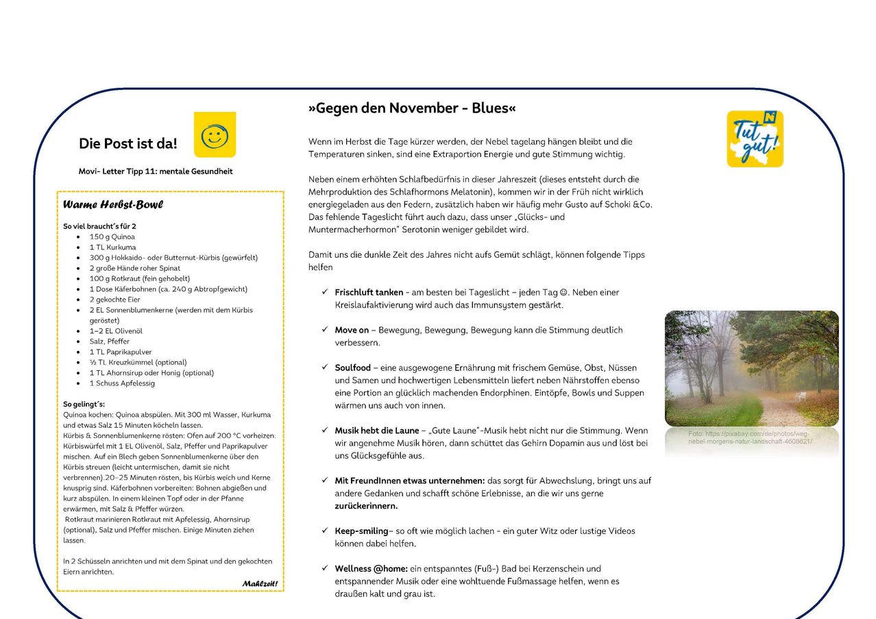 Ein Infografik zeigt Tipps für die mentale Gesundheit bei Wintereinbruch und betont die Bedeutung von Flüssigkeitszufuhr, frischer Nahrung, Bewegung, Musik, sozialer Interaktion und einer positiven Stimmung. Die Tipps umfassen ausreichendes Trinken, den Verzehr von frischem Obst und Gemüse, regelmäßige Bewegung, Musikhören, Zeit mit Freunden und entspannende Aktivitäten.