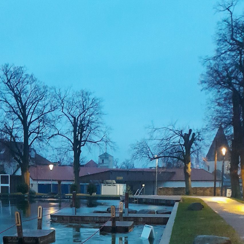 Ein Uferbereich mit mehreren Booten in einem überfluteten Gebiet. Bäume und Straßenlaternen sind sichtbar, mit einem Gebäude im Hintergrund unter einem blauen Himmel.