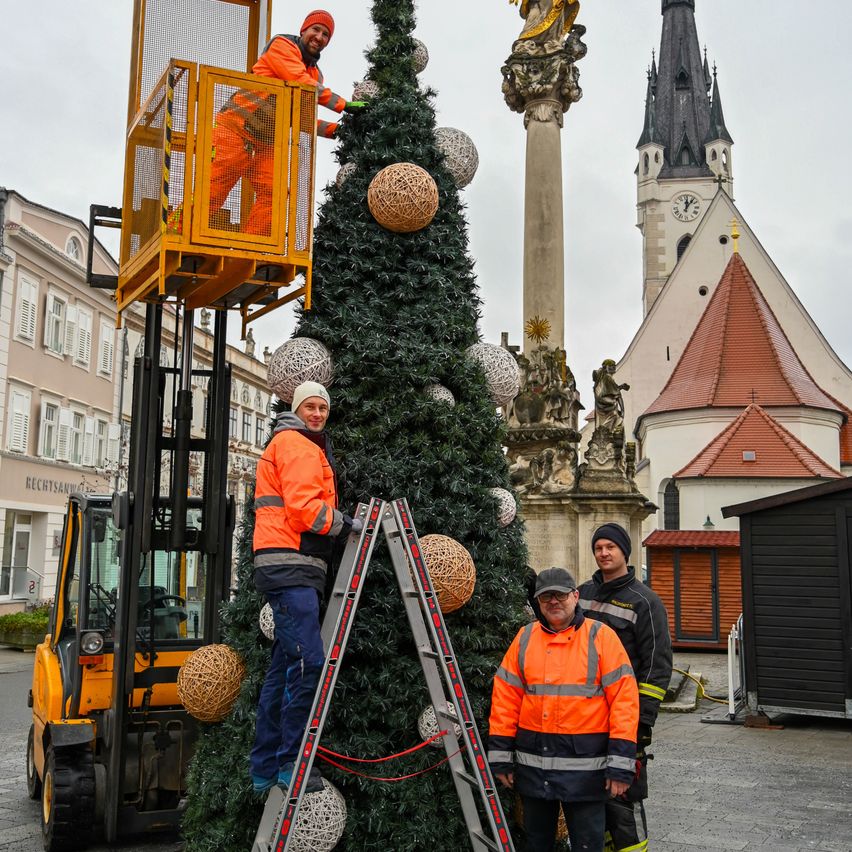 Vier Männer in orangefarbenen Uniformen arbeiten an einem großen Weihnachtsbaum mit dekorativen Kugeln vor einem historischen Gebäude. Ein Gabelstapler und Leitern werden verwendet, um den Baum zu sichern.