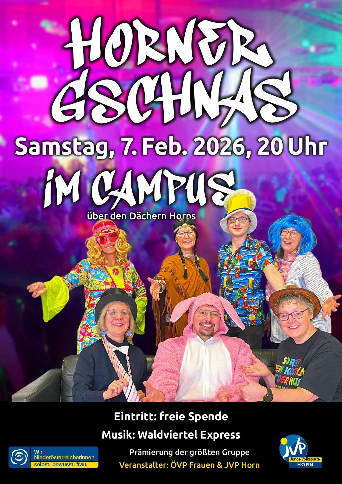 Ein Plakat für die Veranstaltung GSCHNAS am Samstag, 7. Februar 2026, um 20 Uhr. Das Plakat zeigt sechs Personen in Kostümen mit einem verschwommenen Publikum im Hintergrund.
