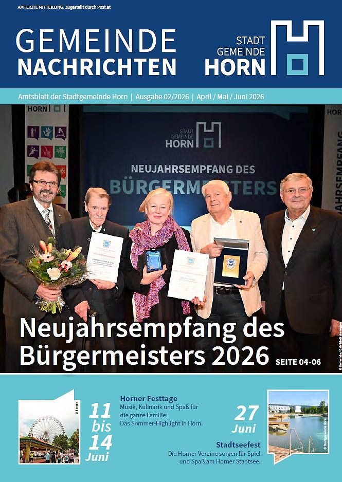 A cover of a German municipal newsletter featuring a photo of five individuals holding certificates and flowers. The text reads 'New Year's Reception of the Mayor 2026'. There is a mention of 'Horner Festtage' with dates from 11 to 27 June.
