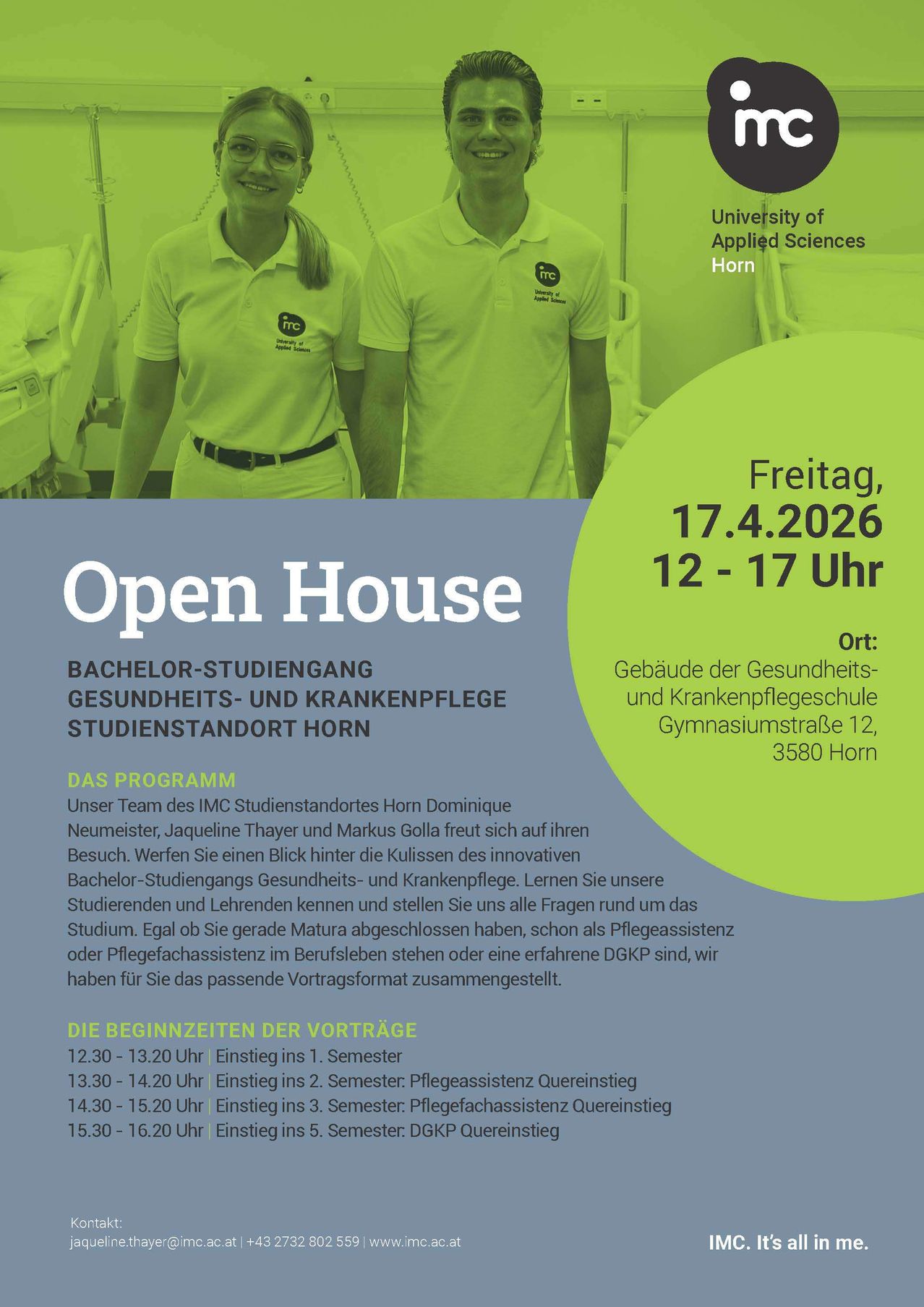 Poster for Open House event at University of Applied Sciences Horn. It features the date and time, the program, and the schedule of presentations. The event is aimed at prospective students interested in health and nursing studies.