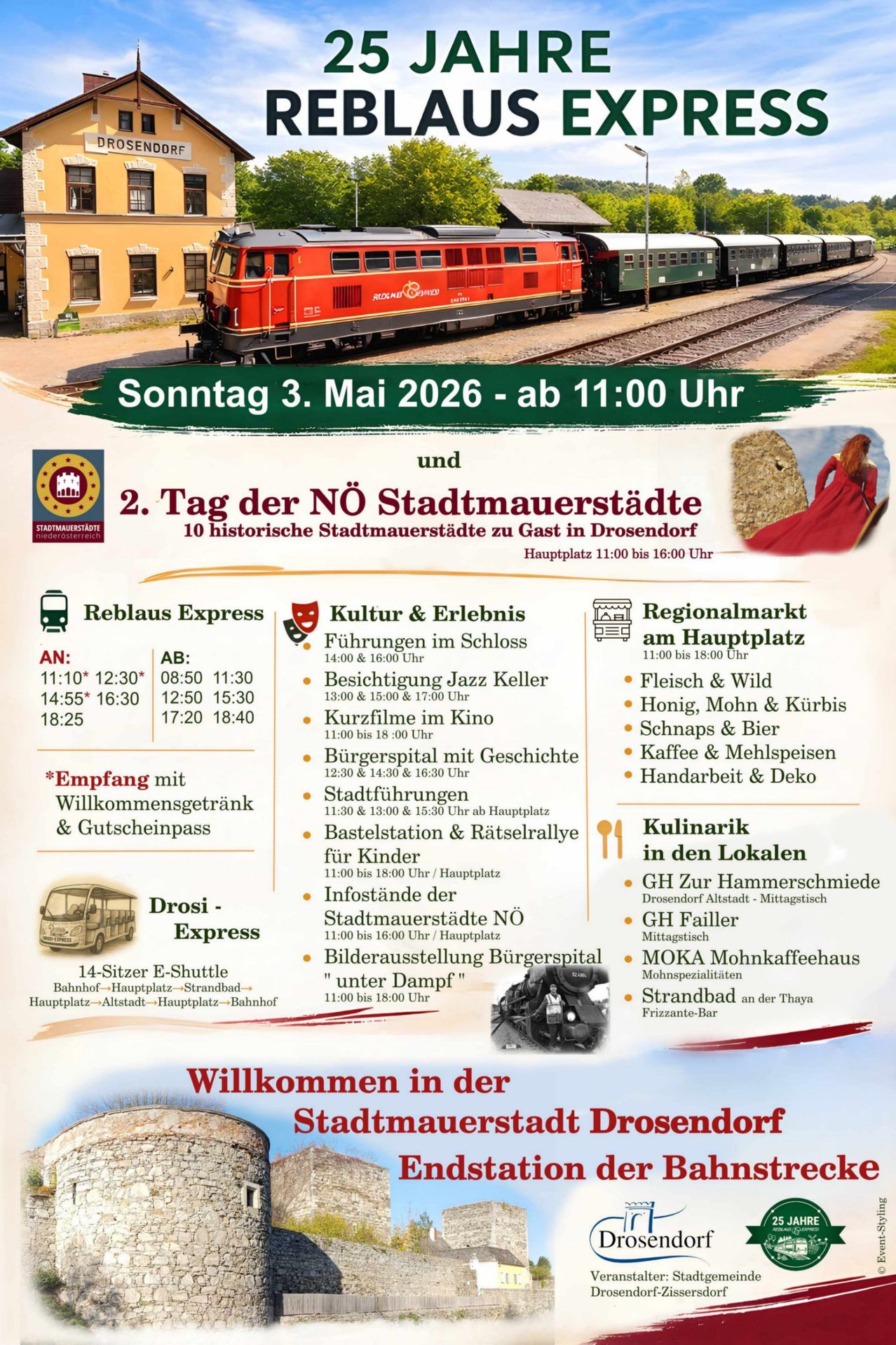 Flyer for the 2nd NO Stadtmauerstadt Day on May 3, 2026, featuring a red train on tracks. It includes details about a Regional Market, activities in the Schloss, and various events. The flyer also includes a schedule for a Reblaus Express and Dross-Express.