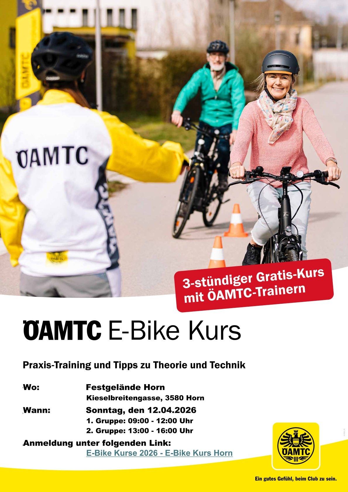 Three women ride bicycles. One wears a white shirt with 'OAMTC' and yellow stripes, another wears a green jacket. The third wears a pink sweater and scarf. There are traffic cones in the background. The text reads '3-hour free course with OAMTC trainers'. The image is an advertisement for an OAMTC E-Bike course.
