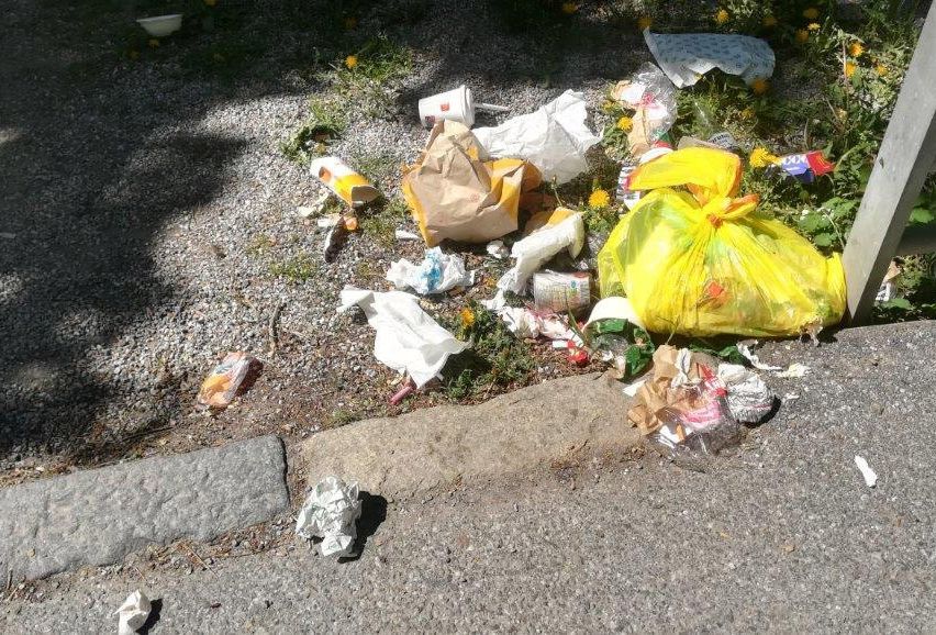 Verschiedener Müll, darunter Plastiktüten, Becher und Papier, liegt auf dem Boden in der Nähe eines Bordsteins.