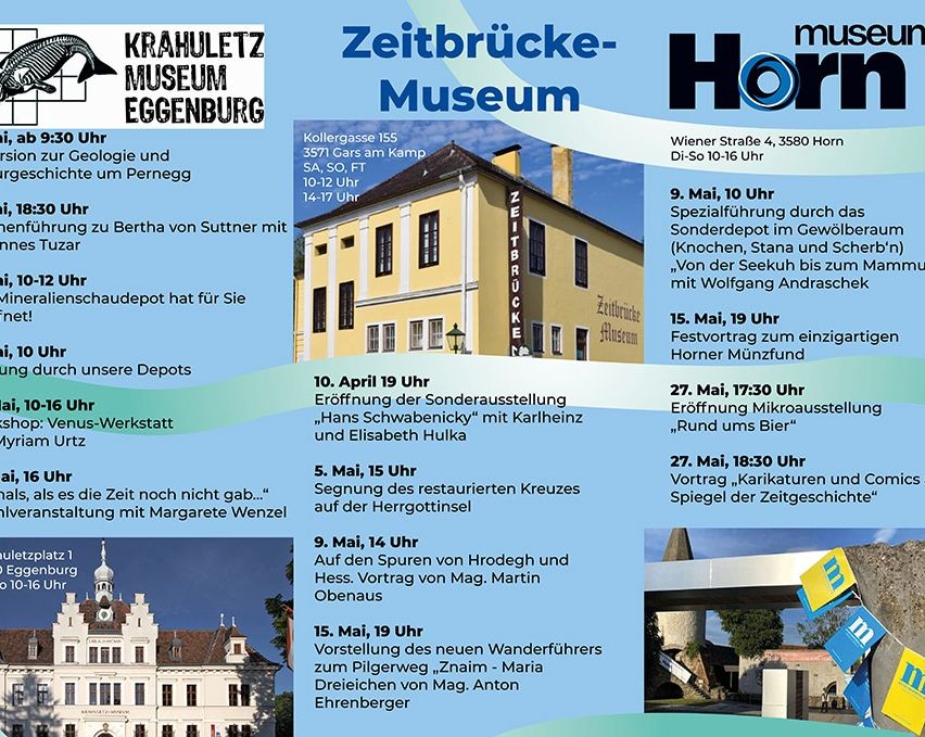 Plakat mit Informationen über das Krahuletz-Museum und Horr-Museum. Das Krahuletz-Museum zeigt Geologie und Bertha von Suttner. Das Horr-Museum bietet Führungen, Sonderausstellungen und Vorträge an. Veranstaltungen umfassen Führungen, eine Venus-Werkstatt und Vorträge über Münzen und lokale Geschichte.