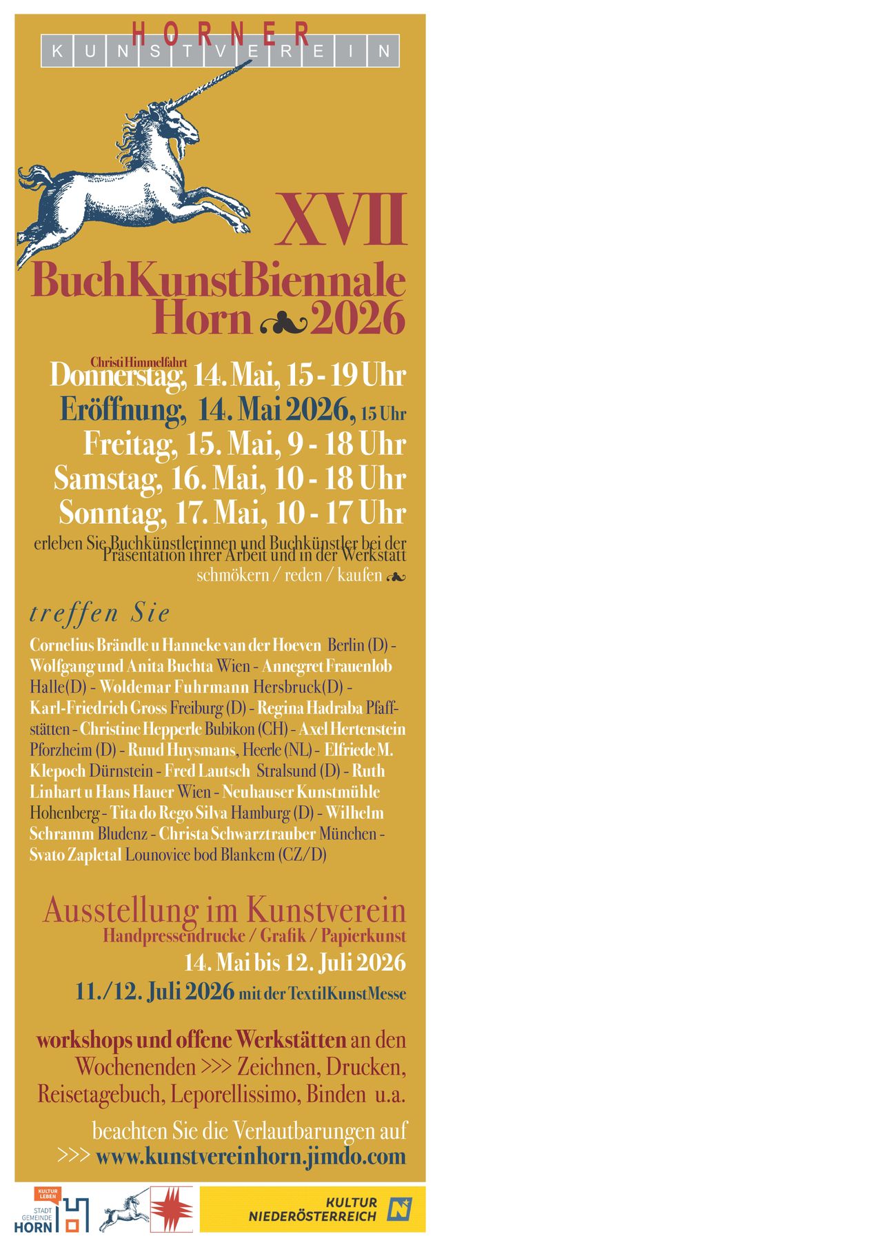 Plakat für die XVII BuchKunstBiennale Horn 2026, mit Eröffnungs- und Schließungszeitpunkten sowie teilnehmenden Künstlern. Ausstellungsdetails und Workshop-Zeitplan sind aufgeführt.