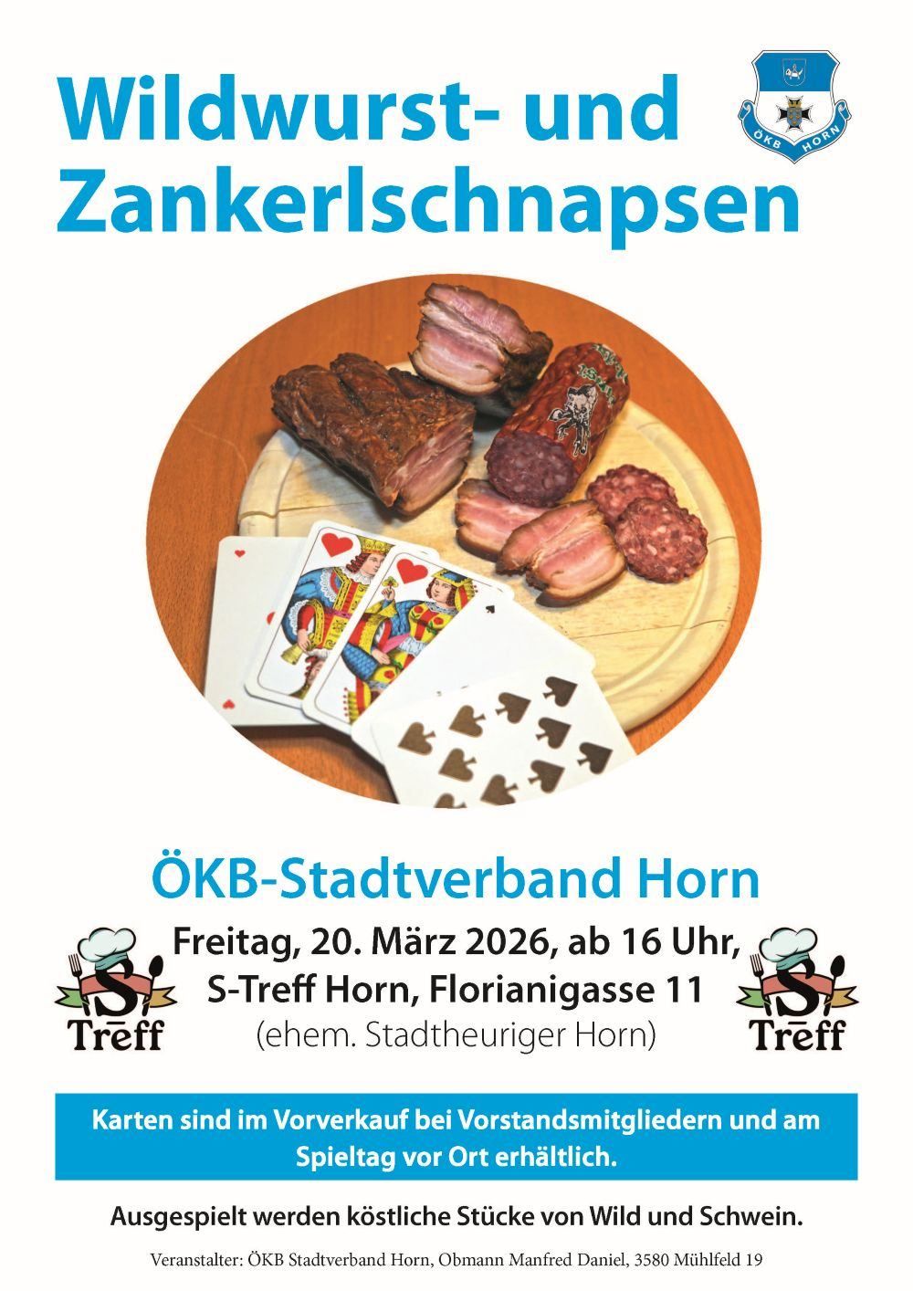 Ein Bild zeigt einen Holzteller mit verschiedenen Fleischsorten darauf und Karten oben. Darunter steht 'OKB-Stadtverband Horn', 'Freitag, 20. März 2026, ab 16 Uhr, S-Treff Horn, Florianigasse 11 (ehem. Stadtheuriger Horn)'.