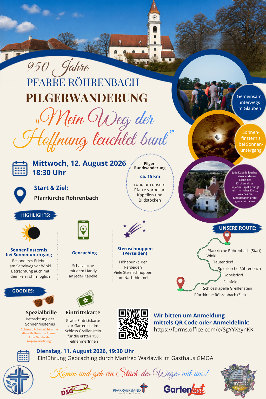 Plakat für eine Pilgerwanderungsveranstaltung in Rohrenbach, Deutschland, geplant für den 12. August 2026. Höhepunkte sind Sonnenuntergangsbeobachtung, Geocaching und Sternbeobachtung. Die Wanderung beginnt und endet an der Rohrenbacher Kirche.