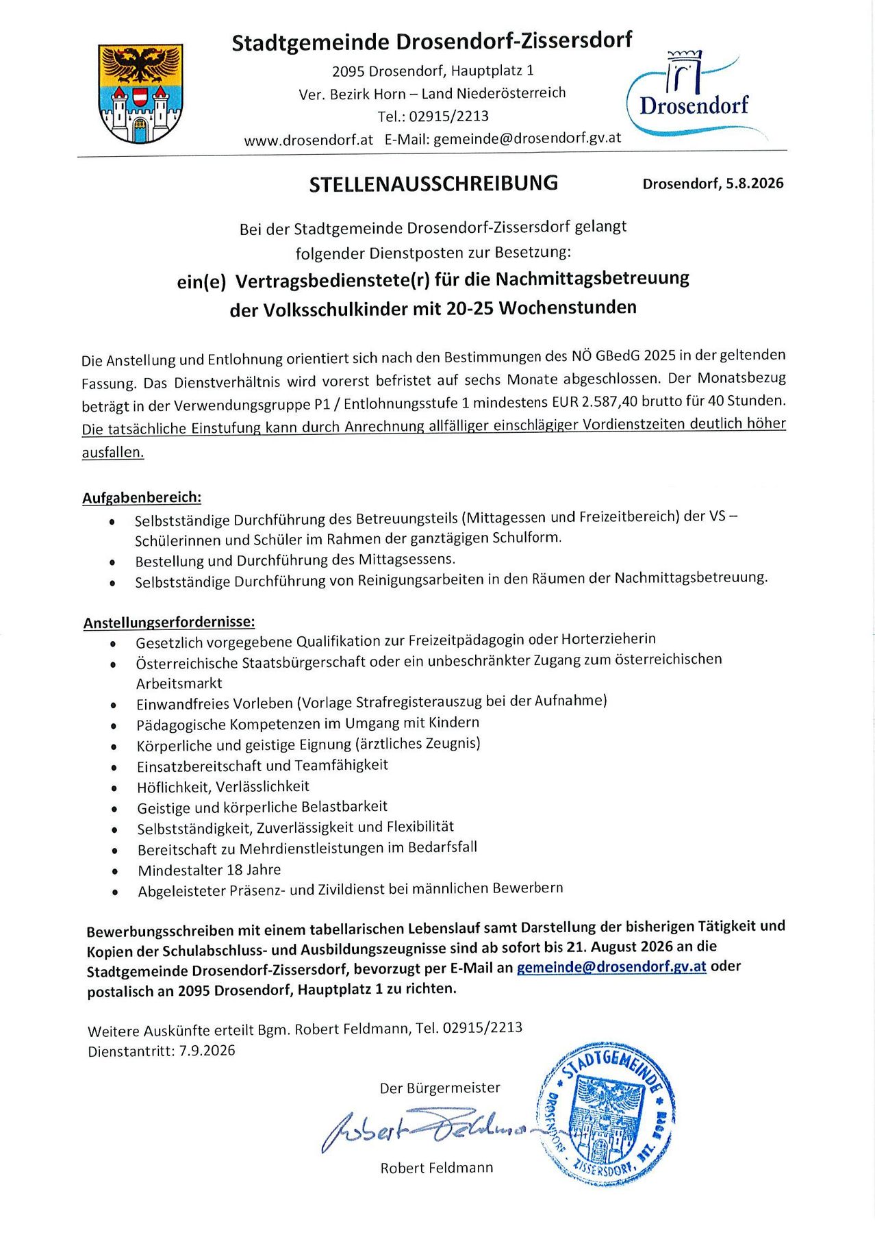 Job posting for a contract worker for the afternoon care of elementary school children in Drosendorf, Austria, dated August 5, 2026. It includes details about the duties, requirements, and application process.