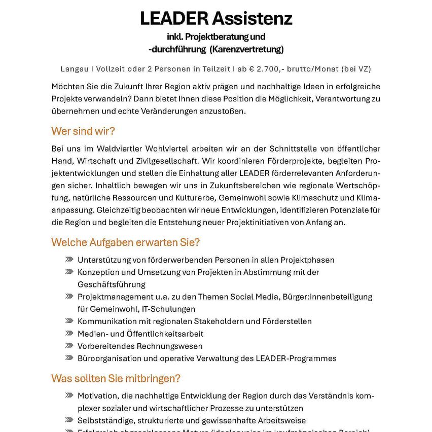 A job advertisement for LEADER Assistenz, a role involving project management and representation, offering a salary of up to €2,700 per month. The role involves coordinating projects, ensuring compliance with LEADER program requirements, and supporting sustainable development initiatives.