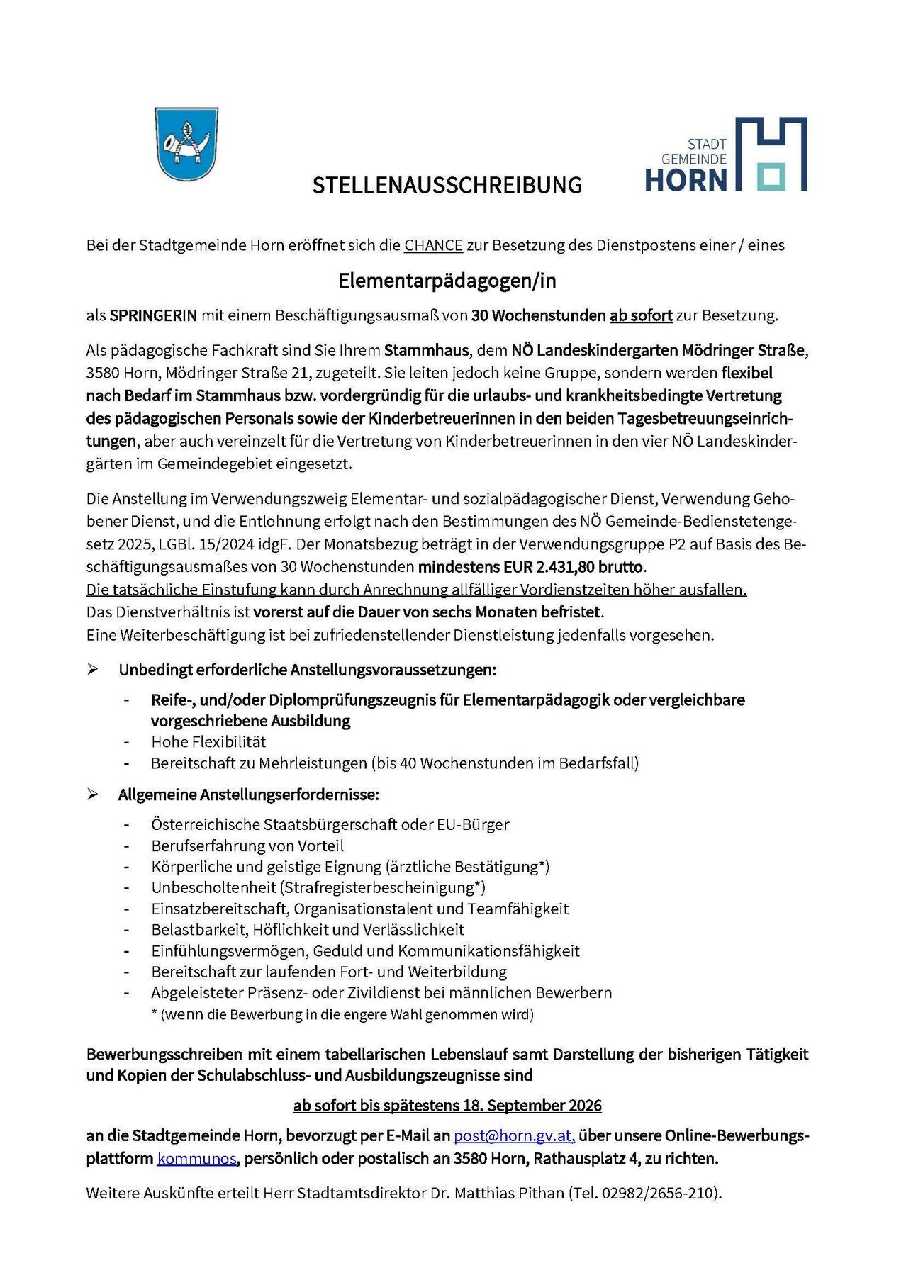 A job posting for an elementary pedagogue/in by the municipality of Horn, Austria, offering a position with a 30-week contract, flexible working hours, and a monthly salary of EUR 2,431.80. Requirements include a diploma in elementary pedagogy, high flexibility, and willingness to work up to 40 weeks.