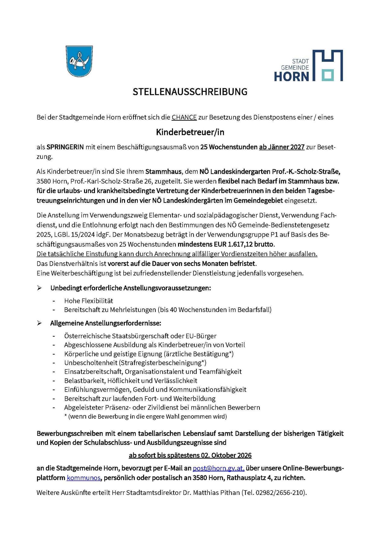 Job posting for a childcare worker in Horn, Austria, offering a flexible position with a minimum of 25 working hours per week, starting in January 2027. The role involves covering for absent colleagues in daycare centers and kindergartens. The salary is at least EUR 1,617.12 gross. Application deadline is October 2, 2026.