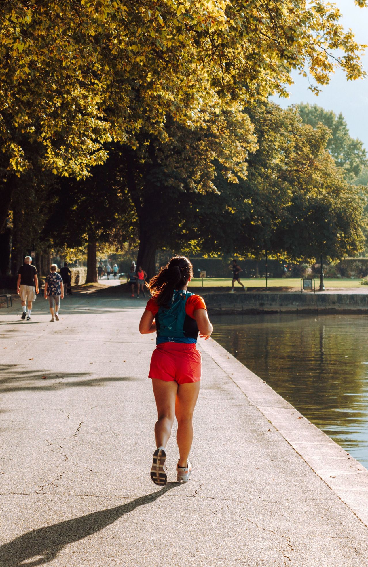Eine Frau joggt auf einem Pfad am See entlang, während andere im Hintergrund laufen und joggen. Bäume säumen den Weg, und der Himmel ist klar.