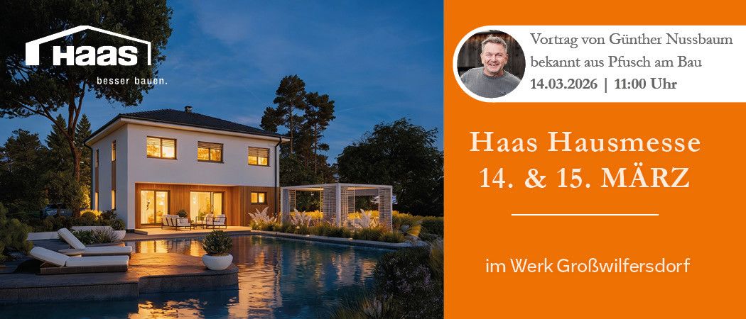 Eine Anzeige für ein Haus mit Pool, mit einem Vortrag am 14. März 2026.