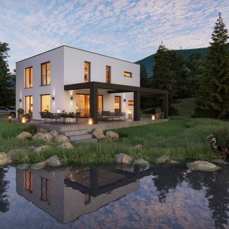 Bild enthält, Pond, Water, Plant, Tree, Scenery, Villa, Car, Fir, Grass, Waterfront