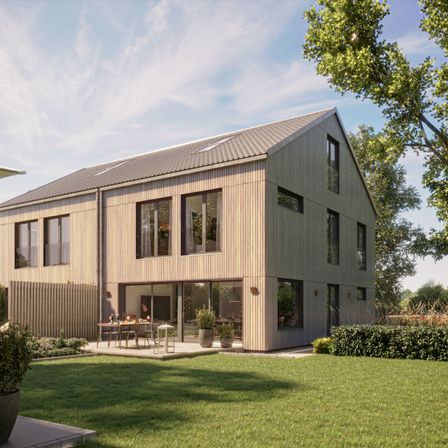 Bild enthält, Grass, Plant, Lawn, House, Housing, Villa, Tree, Person, Office Building, Desk