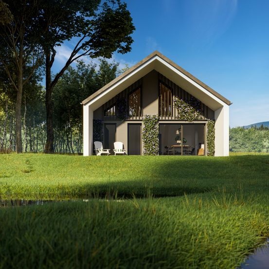 Bild enthält, Grass, Outdoors, Shelter, Lawn, Chair, Nature, Scenery, Tree, Car, Villa