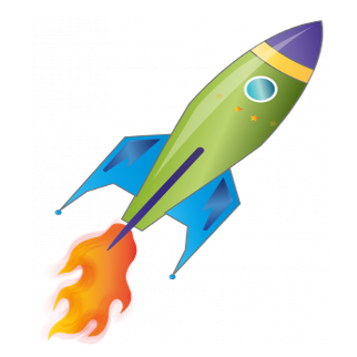 Ein bunter Raketenflugkörper ist im Flug dargestellt. Es hat eine Flamme am Schwanz und die Farben sind grün, blau und lila.